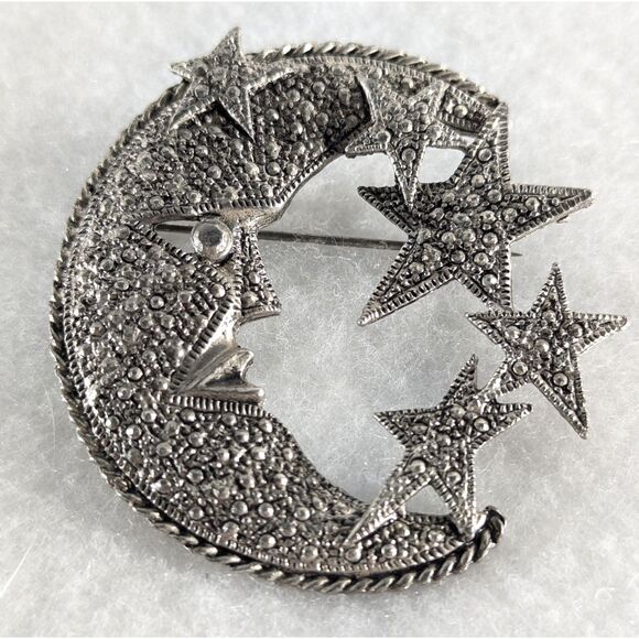 Vintage Silver Tone Crescent Moon and Stars - Picture 6 of 7